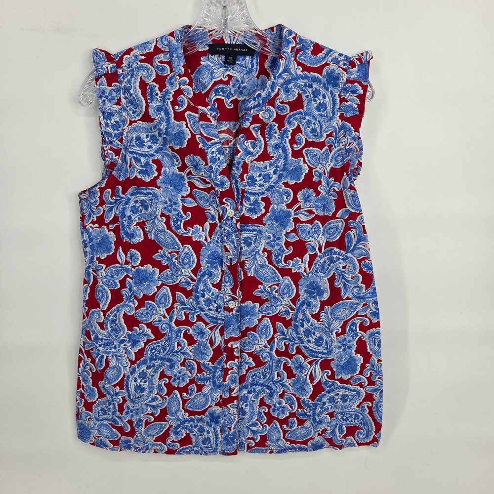 Tommy Hilfiger Blouse S Red Blue Paisley Boho Preppy Ruffle Cotton Top
